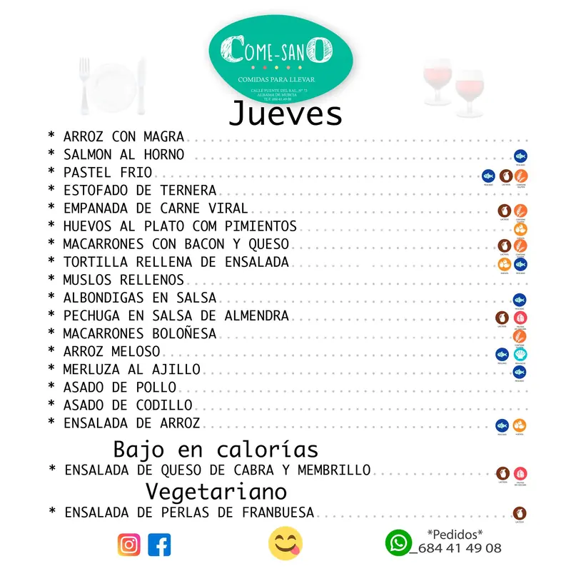 Carta original del jueves publicada en redes, con los platos y sus alérgenos