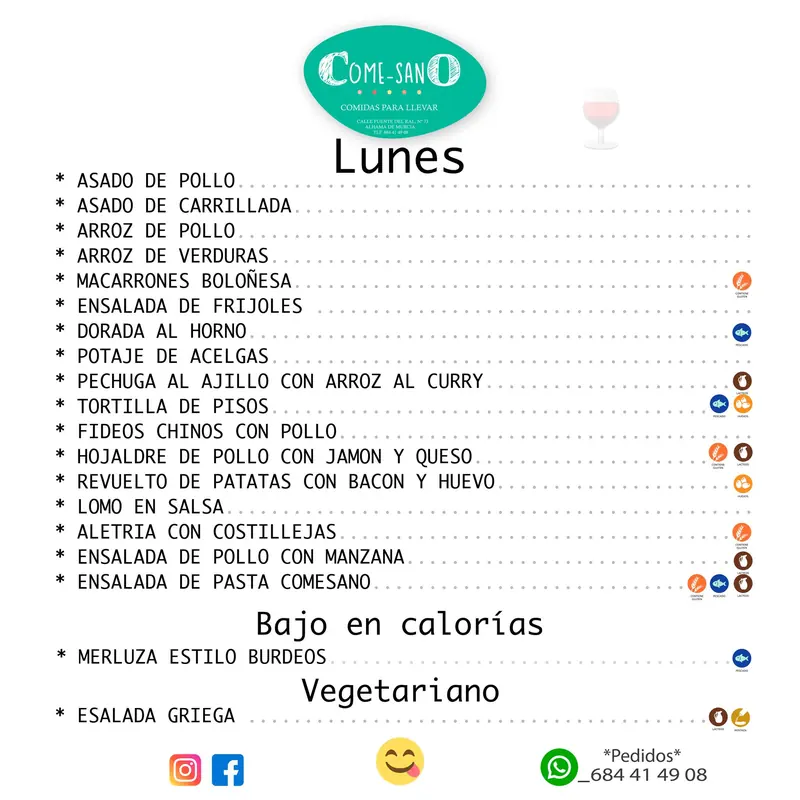 Carta original del lunes publicada en redes, con los platos y sus alérgenos
