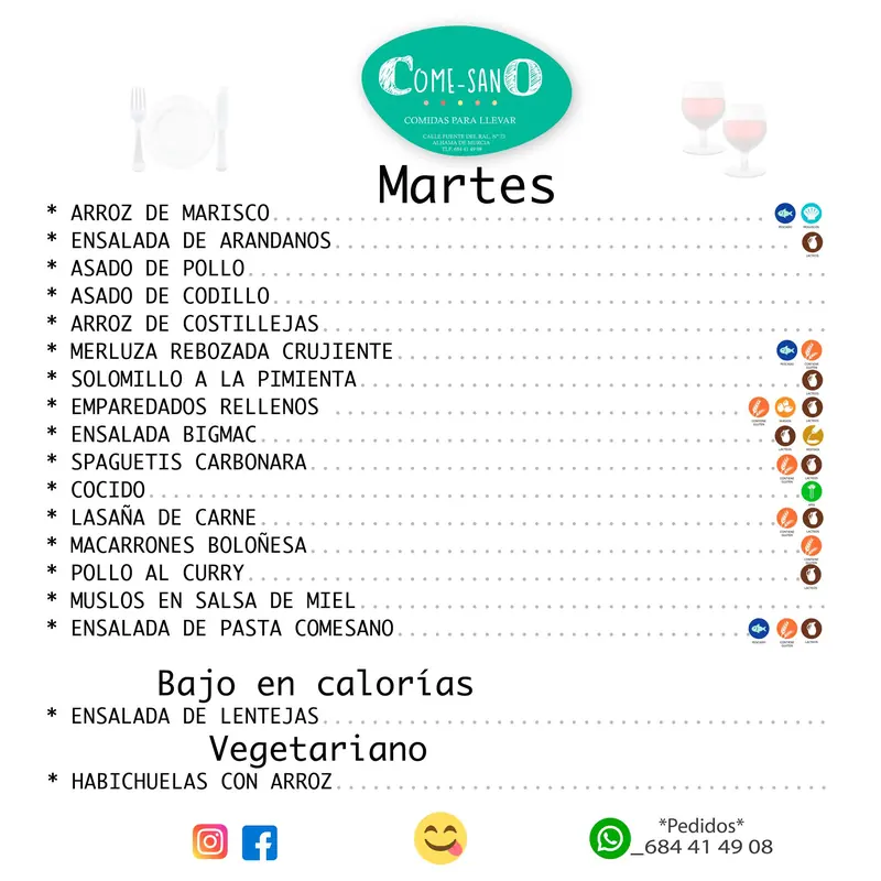 Carta original del martes publicada en redes, con los platos y sus alérgenos