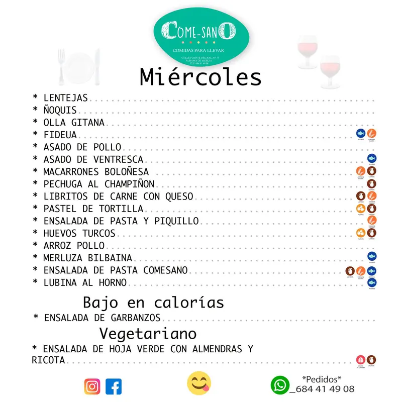 Carta original del miércoles publicada en redes, con los platos y sus alérgenos