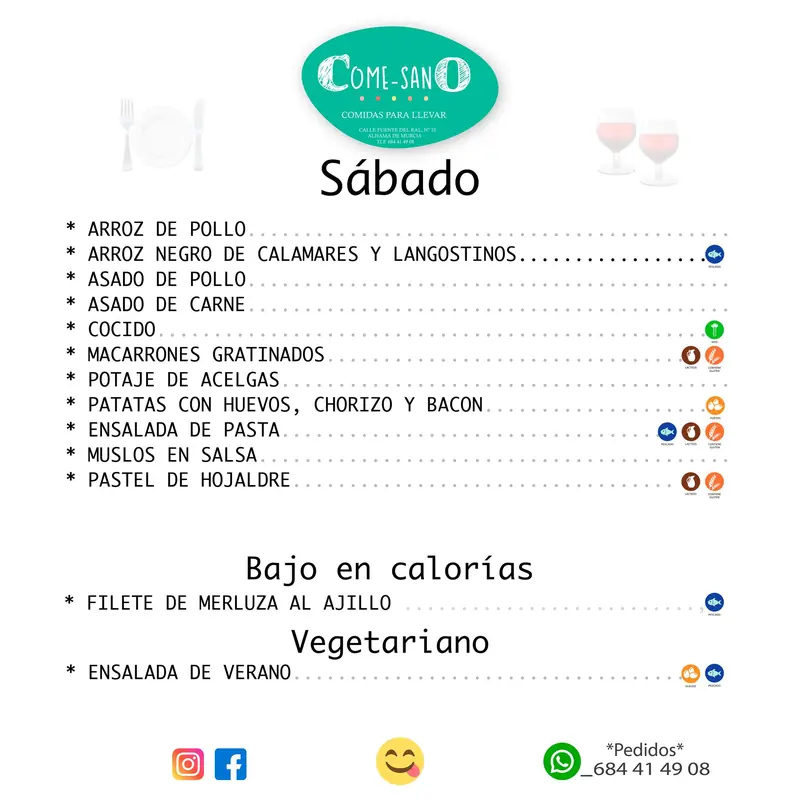 Carta original del sábado publicada en redes, con los platos y sus alérgenos