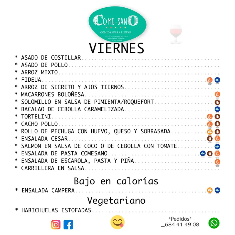Carta original del viernes publicada en redes, con los platos y sus alérgenos